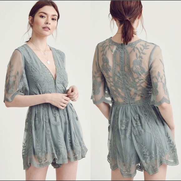 Dresses & Skirts - Boho Sage Green Scallop Lace Playsuit Romper